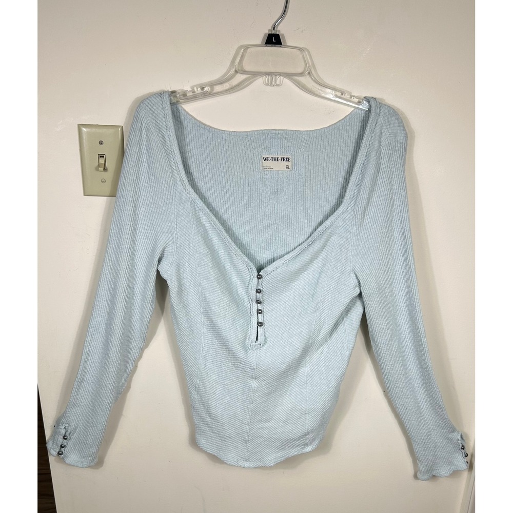 We The Free Free People Norma Henley Top Women XL Glacier Blue Soft Girl Granola